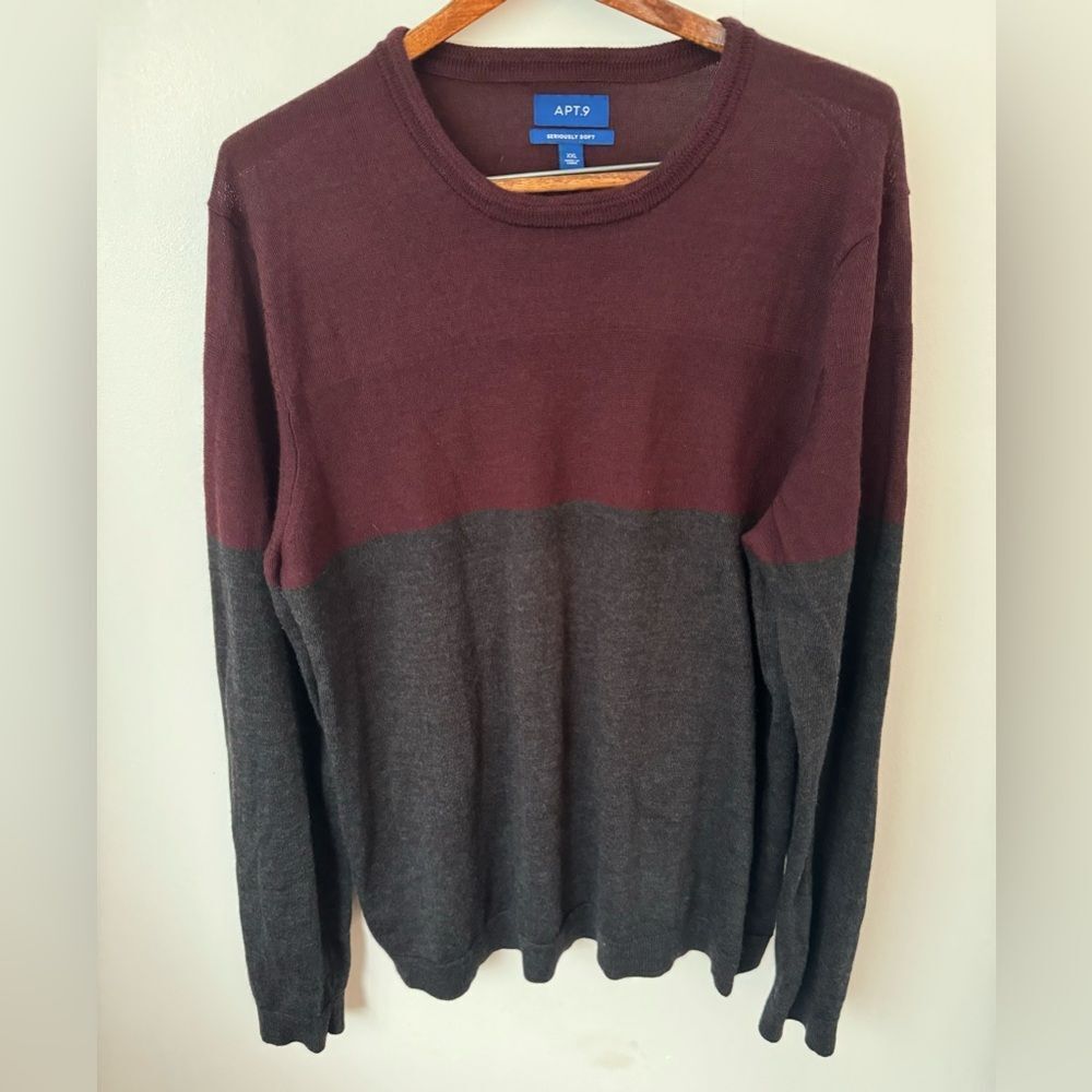 Apt 9 Seriously Soft Men’s Sweater Grey & Maroon Merino Wool Blend